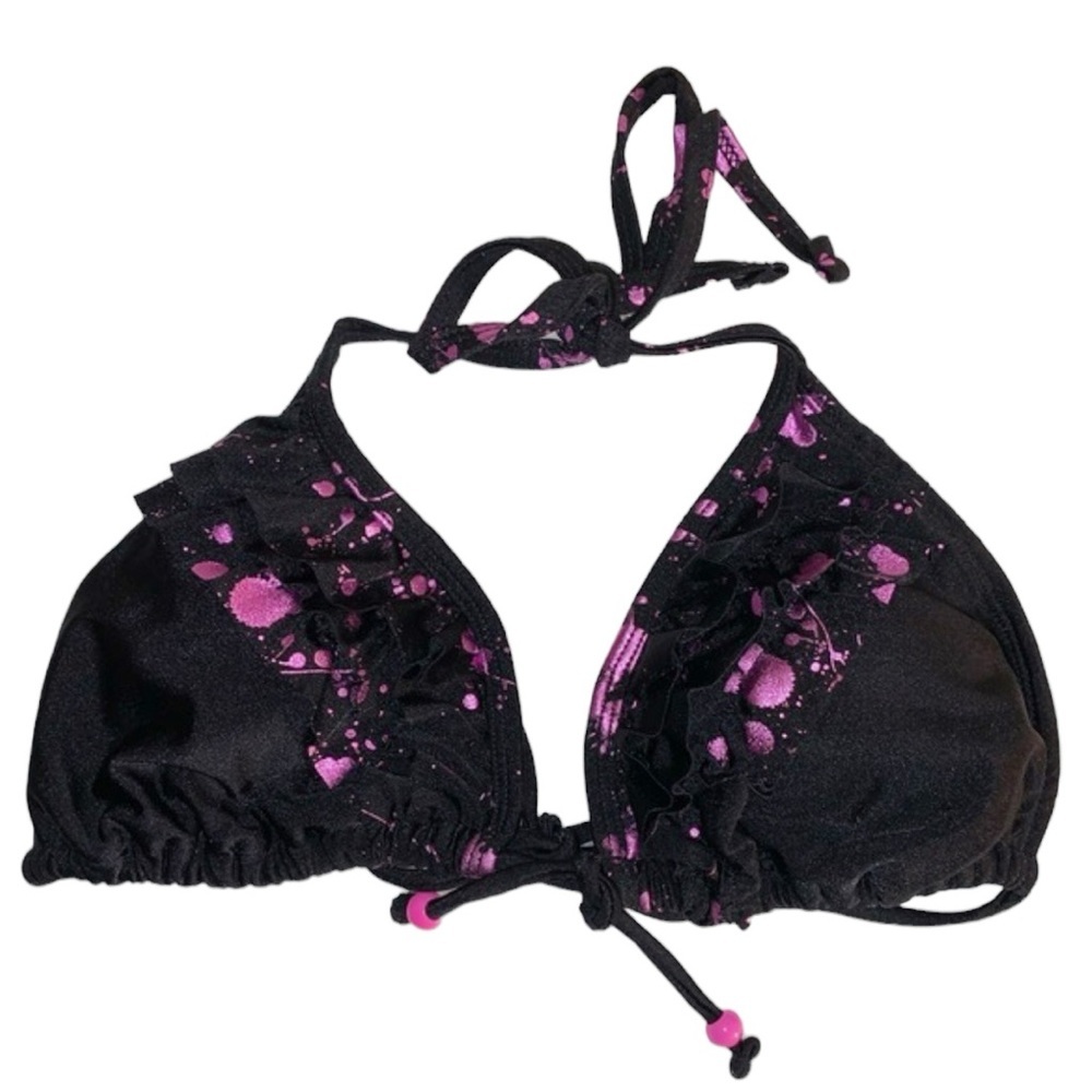 Black Ruffle Halter Bikini Top – Pink Splatter Print, Beaded Tie Detail